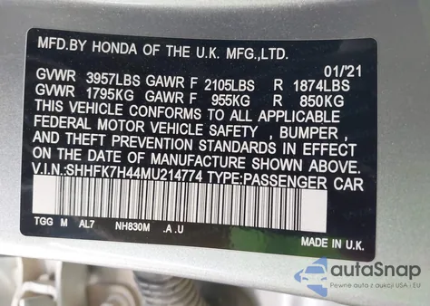 2021 Honda Civic Sport from USA, damaged, VIN SHHFK7H44MU214774